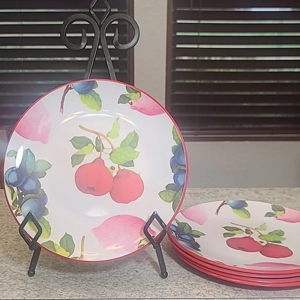 Set Of 5 Cynthia Rowley Whim Melamine Fruit Salad Plates With 5 Barrel Cups